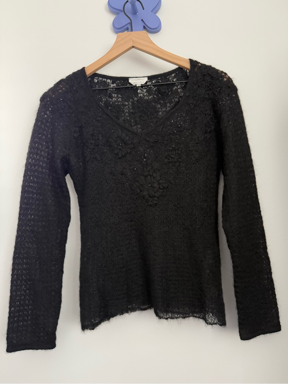 Maxmara Small Virgin Wool V Neck Sweater Black Floral Embroidered Designer